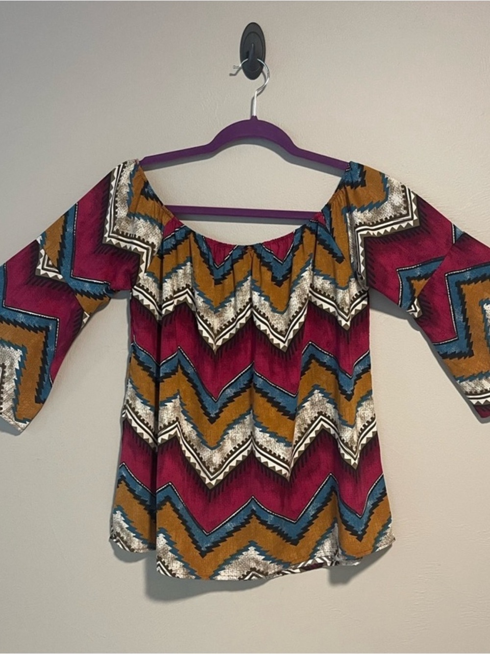 Audrey Ann Off-Shoulder Chevron Blouse in Magenta, Mustard & Teal